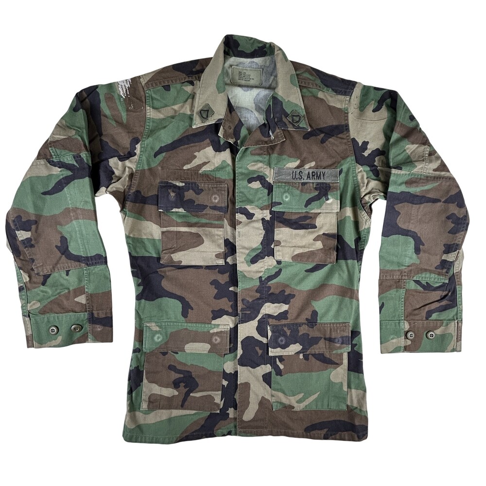 Vintage US Army Jacket Mens Small Long Camo BDU Woodland Military Shirt 90s
